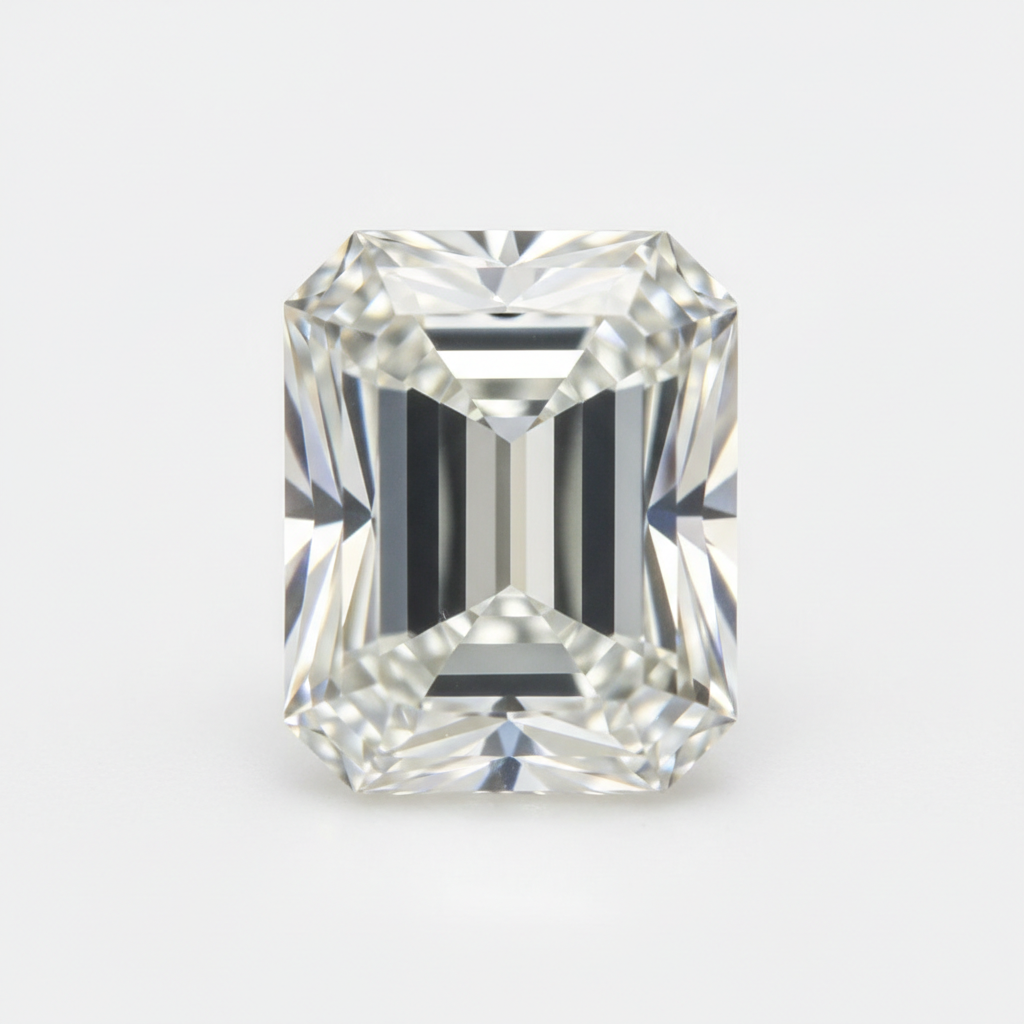 Lab-grown emerald cut loose diamond, IGI certified, white background
